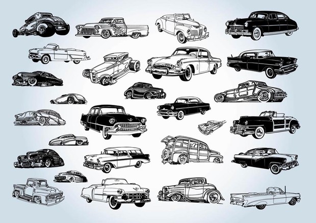 Black and white vintage, old timer car vector collection