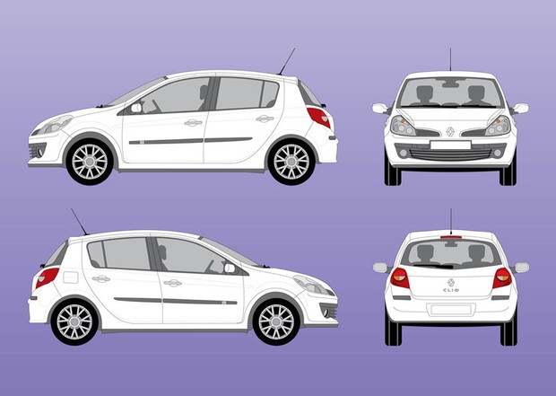 Renault Clio side, front and rear view vectors