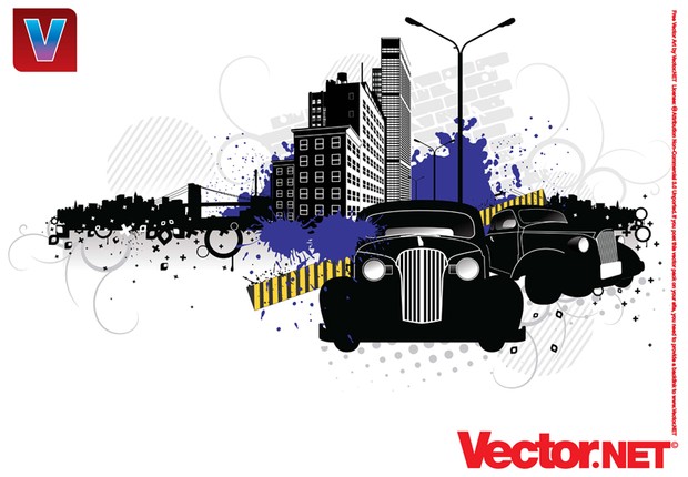 City Street Vector Art with Vintage Cars