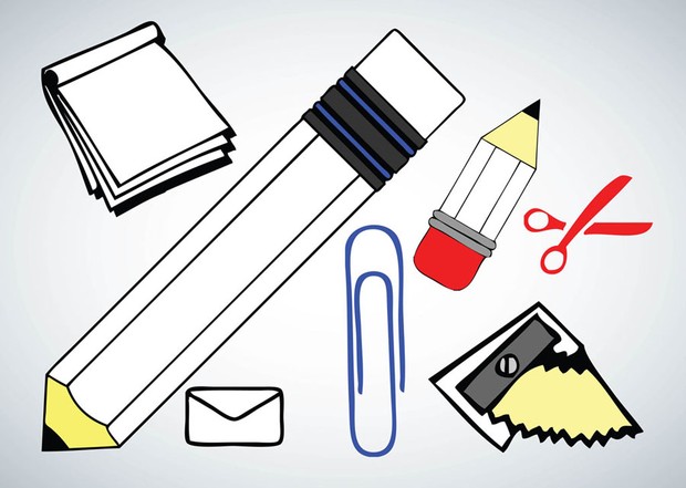 Pencils, scissor, notebook and mail vectors