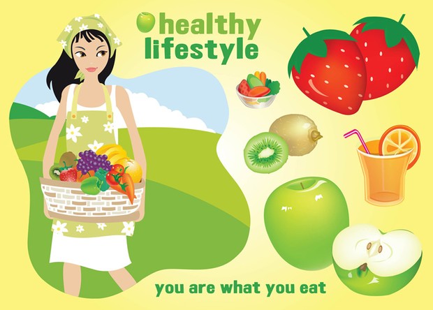 Girl with fruits vector of healthy lifestlye
