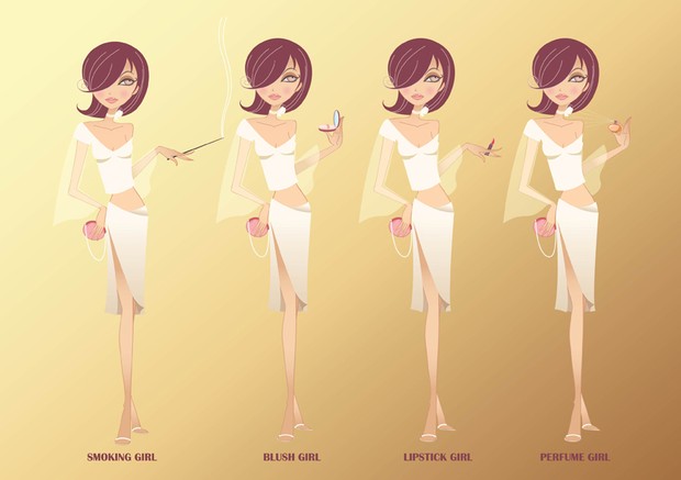 four elegant beauties: smoking, blush, lipstick and perfume girl