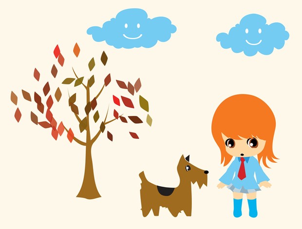 cartoon girl with a dog and smiling clouds
