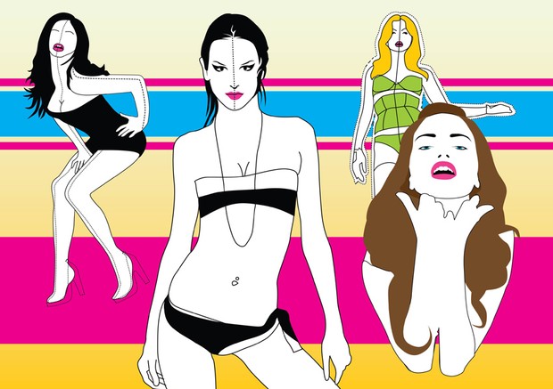 four sexy bikini girls on the beach