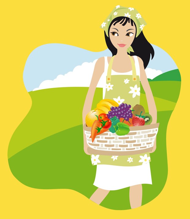 cartoon picnic nature girl bringing fruits