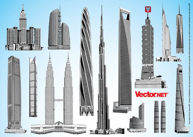 Burj Dubai, Shanghai Tower, Chicago Spire, China 117 Tower, Abraj al-Bait, New World Trade Center, Taipei 101, Federation Tower, Shanghai World Financial Center, International Commerce Center, Petronas Towers, Dubai Towers Doha, Jin Mao Tower